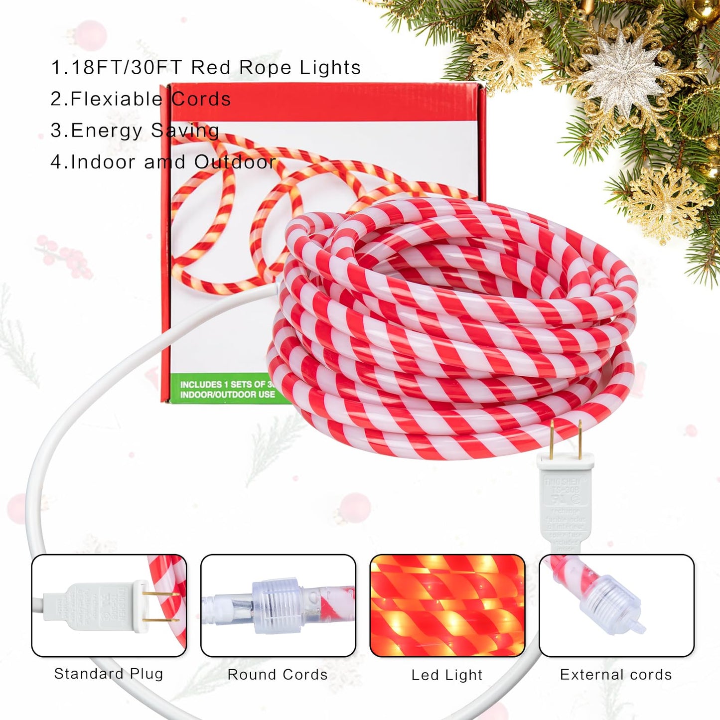 Vigdur Christmas Candy Cane Lights - 30FT 360 LEDs Candy Cane Rope Lights Outdoor Waterproof, Connectable Christmas Rope Lights for Holiday Party Home Patio Indoor Xmas Decorations