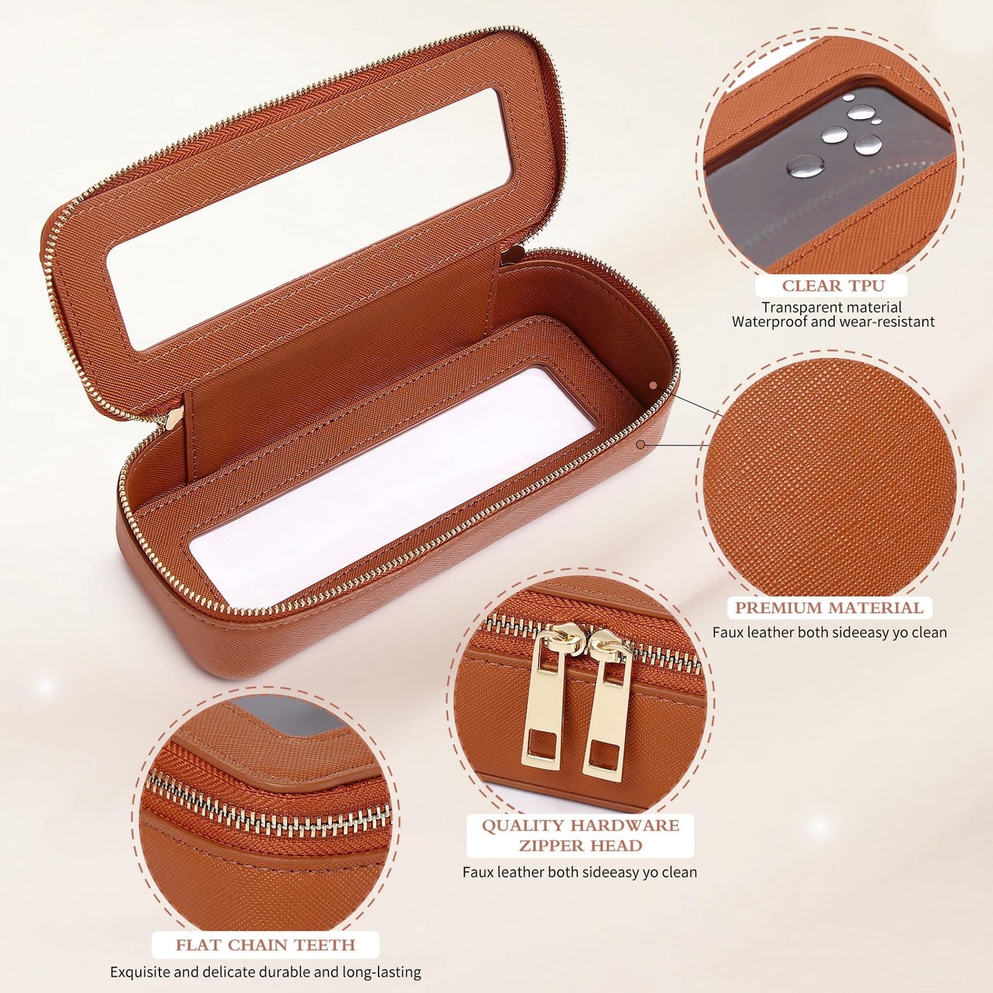 LOFOWN Makeup Brush Bag Slim Clear Makeup Bag Travel Cosmetic Case and Brush Holder Waterproof Toiletry Makeup Bag with Zipper Purse Organizer for Women (Brown, Slim)