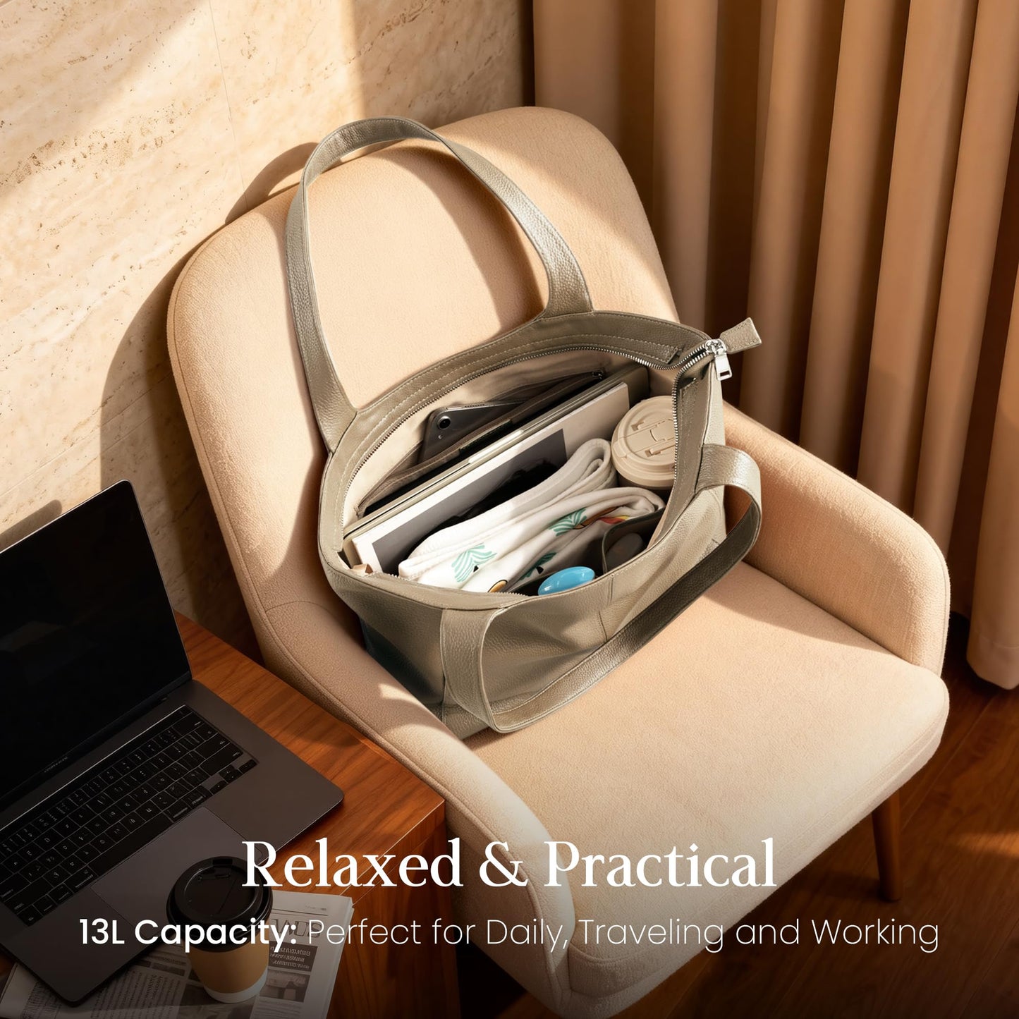 befen Soft Genuine Leather Tote Bag for Women with Zipper, Slouchy Casual Work Tote Purse Shoulder Weekender Bags Handbag for Daily & Travel Taupe