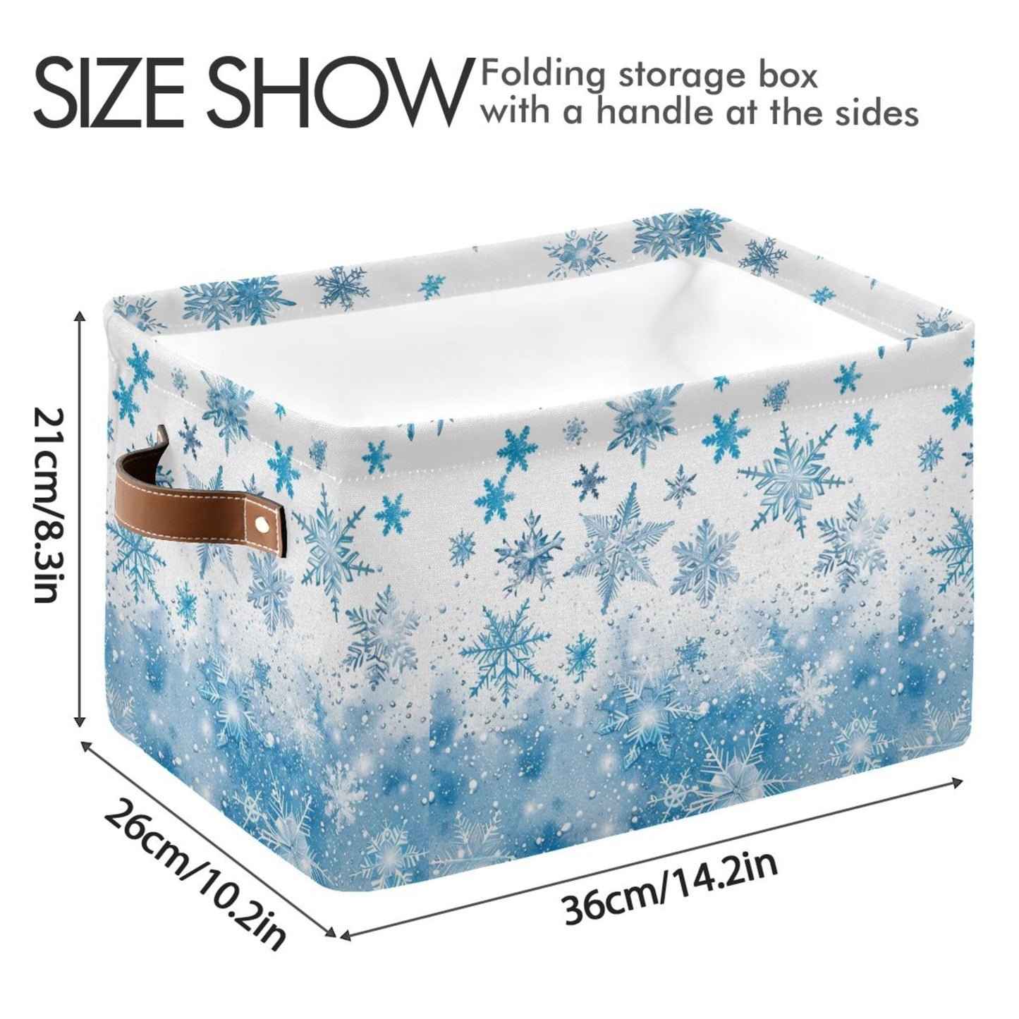 Winter Snowflake Blue Storage Basket with Waterproof Liner and PU Handles White Christmas Holiday Xmas Storage Boxes 14.2" Collapsible Decorative Organizer Baskets for Bedroom Closet Office 1 Pack