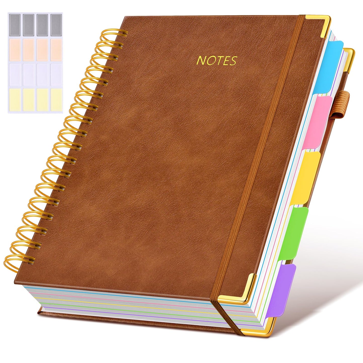 Hardcover Spiral Notebook Journal with Removable Dividers Tabs, 300 Pages Leather 5 Subject Notebook College Ruled, 8"x10" Large B5 Notebooks for Work School, Lined Journal for Men, Light Brown