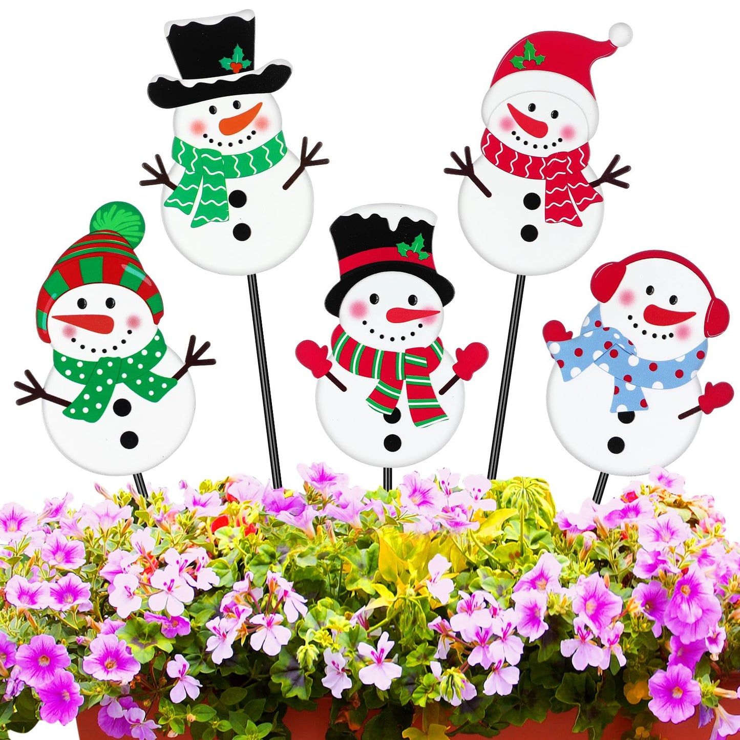 Roowest 5 Pack 12'' H Metal Winter Yard Stakes Outdoor Decorations Snowman Garden Signs Christmas Potted Plant Stakes for Holiday Winter Home Lawn Garden Porch Walkway Party Decor