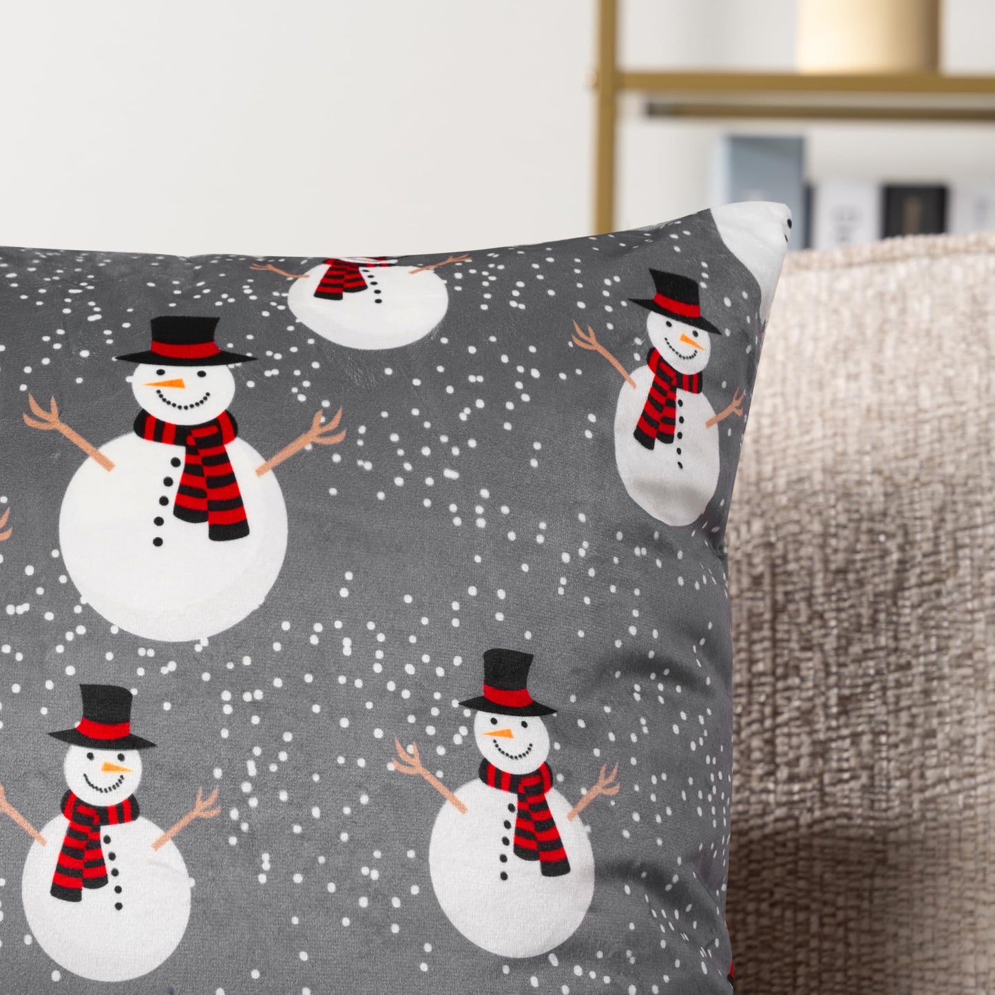 PAVILIA Holiday Velvet Fleece Throw Pillow Covers 20x20 Set of 2, Soft Decorative Cushion Covers for Couch Sofa Bed, Christmas Winter Square Accent Pillow Cases with Hidden Zipper, Snowman Gray