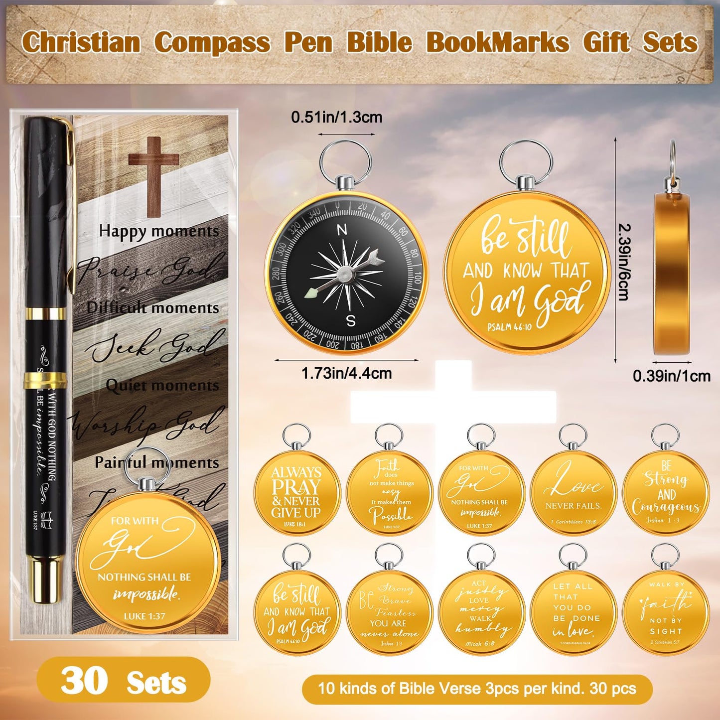 Spakon 30 Sets Christian Gifts for Men Bible Verse Compass Pen Religious Bookmark Inspirational Church Gifts for Pastor Appreciation Day Grandpa Men Christmas (Classic)