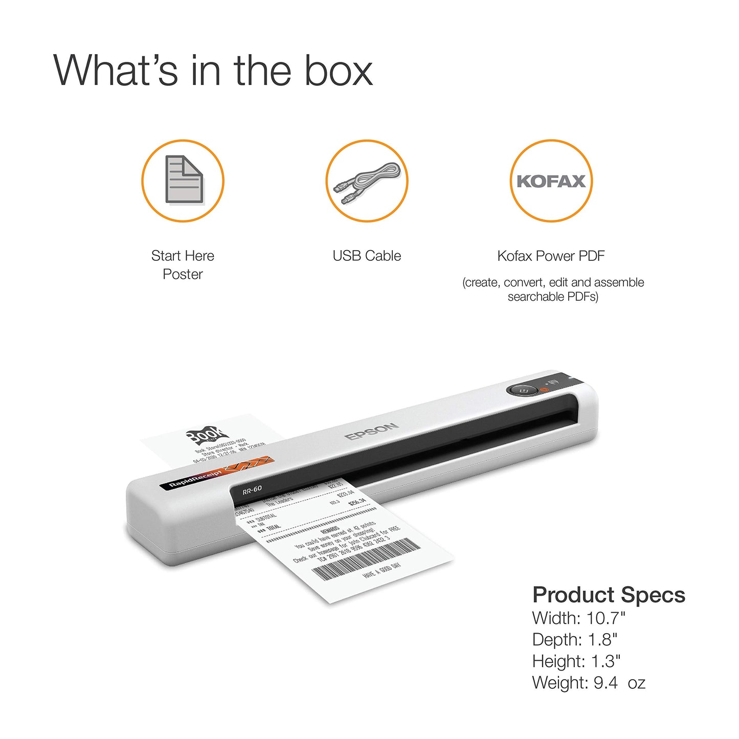 Epson RapidReceipt RR-60 Mobile Tax Receipt and Color Document Scanner with Complimentary Data Management Software for PC & Mac