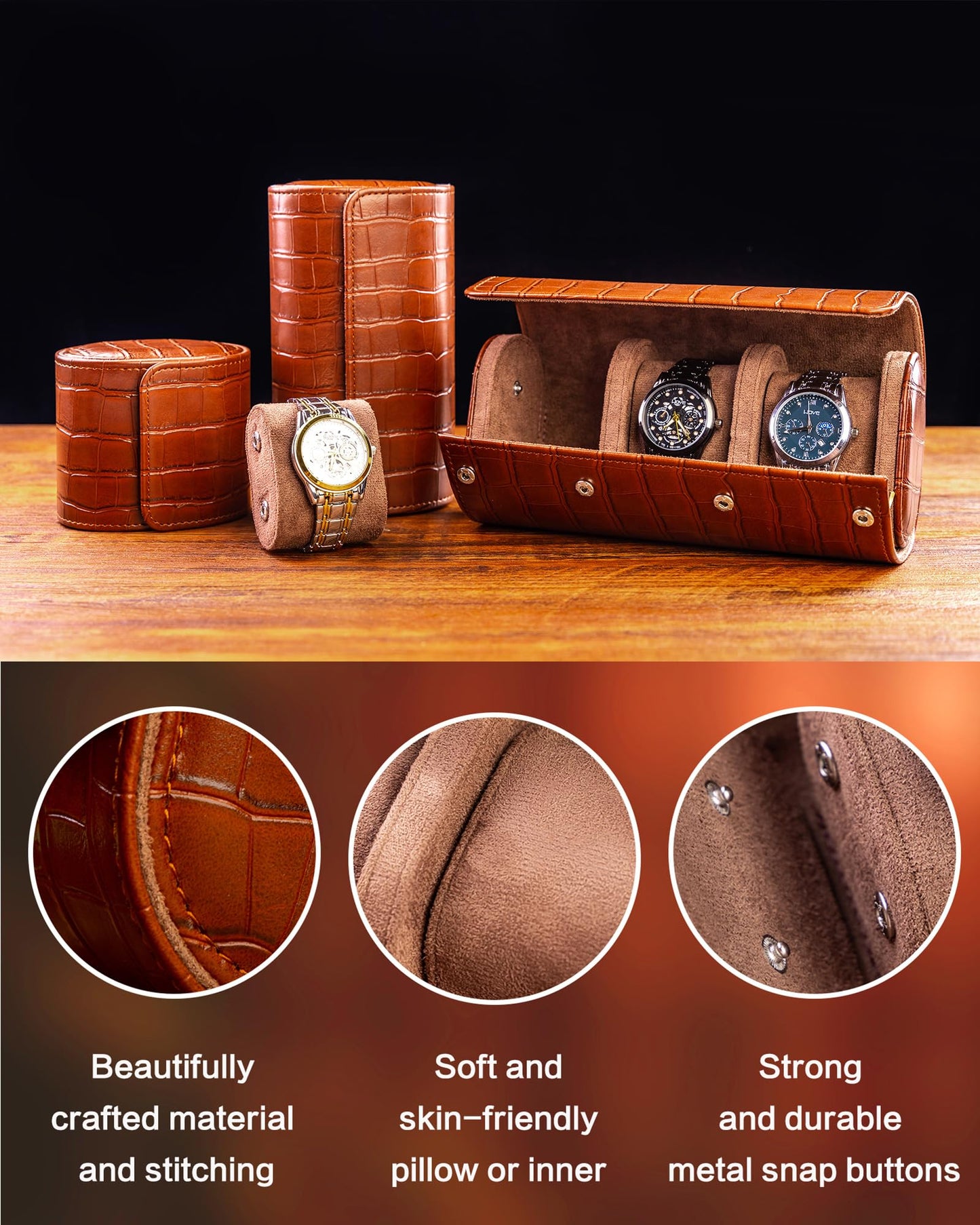 MR.OKAY 3 Watch Travel Case- Classic Leather Watch Case With Superb Texture.(Portable Watch Roll Or Organizer For Storage And Display).Festival Gift For Men, All Handcrafted By Artisans.