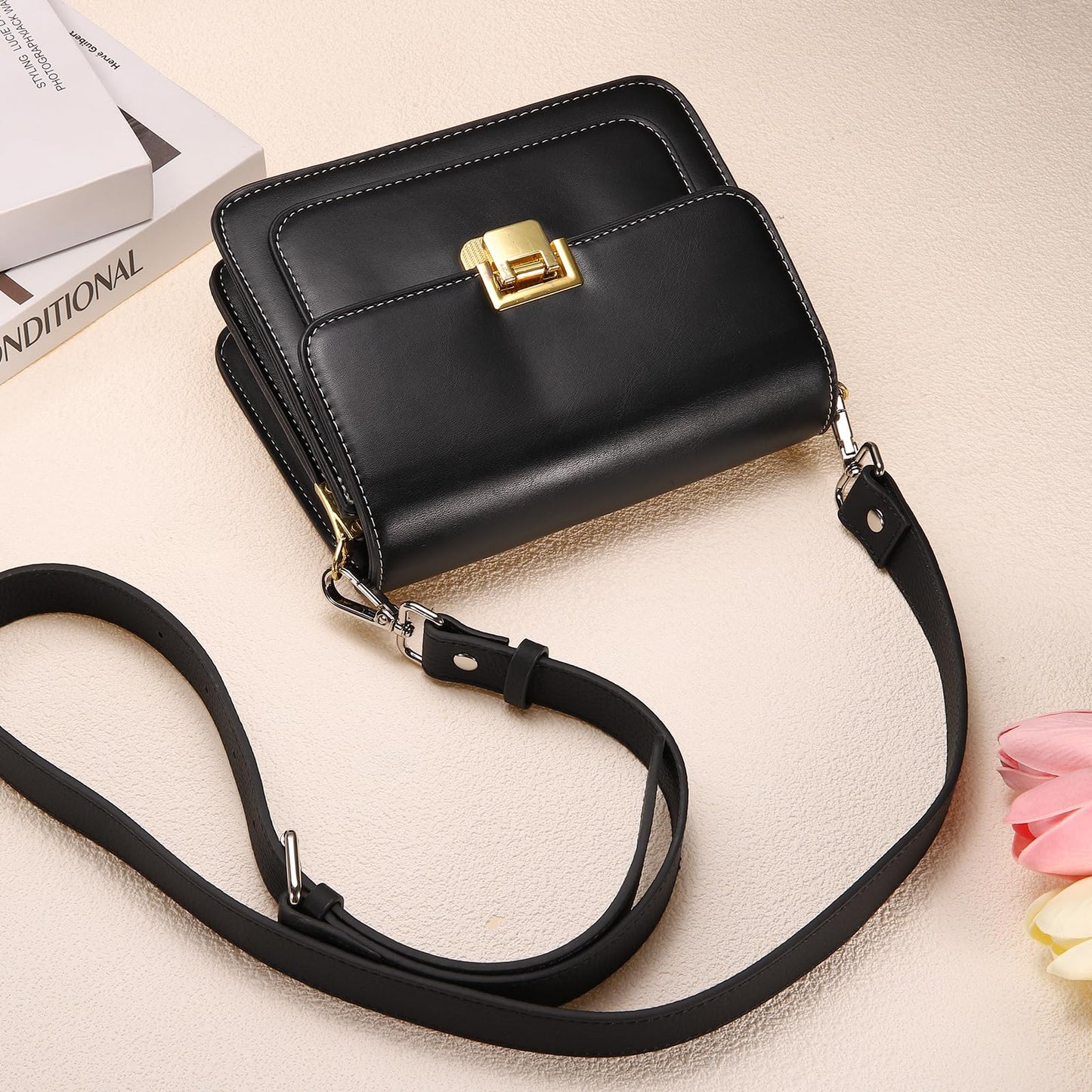 uxcell Genuine Leather Purse Strap, 41.7"-51.2" Adjustable Crossbody Replacement Straps 1" Width for Women Handbags Shoulder Bag (Black, Silver Buckle)