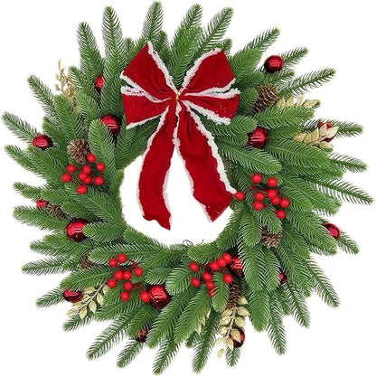 Pine Branch, Red Berry and Bow Christmas Artificial Wreath Silk for Front Door Home Wall Holiday Christmas Festival Decor (18 inches)