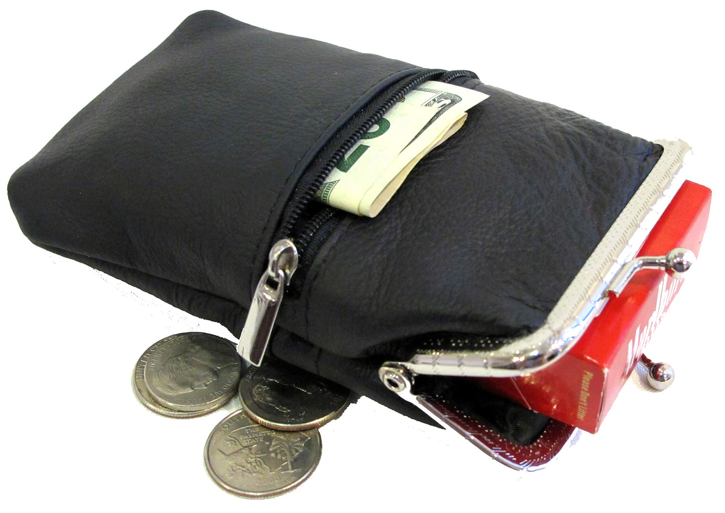 Women 100% Pure Leather Cigarette Case Lighter Match Pocket Zipper Coin Pouch -4 Color (Black)