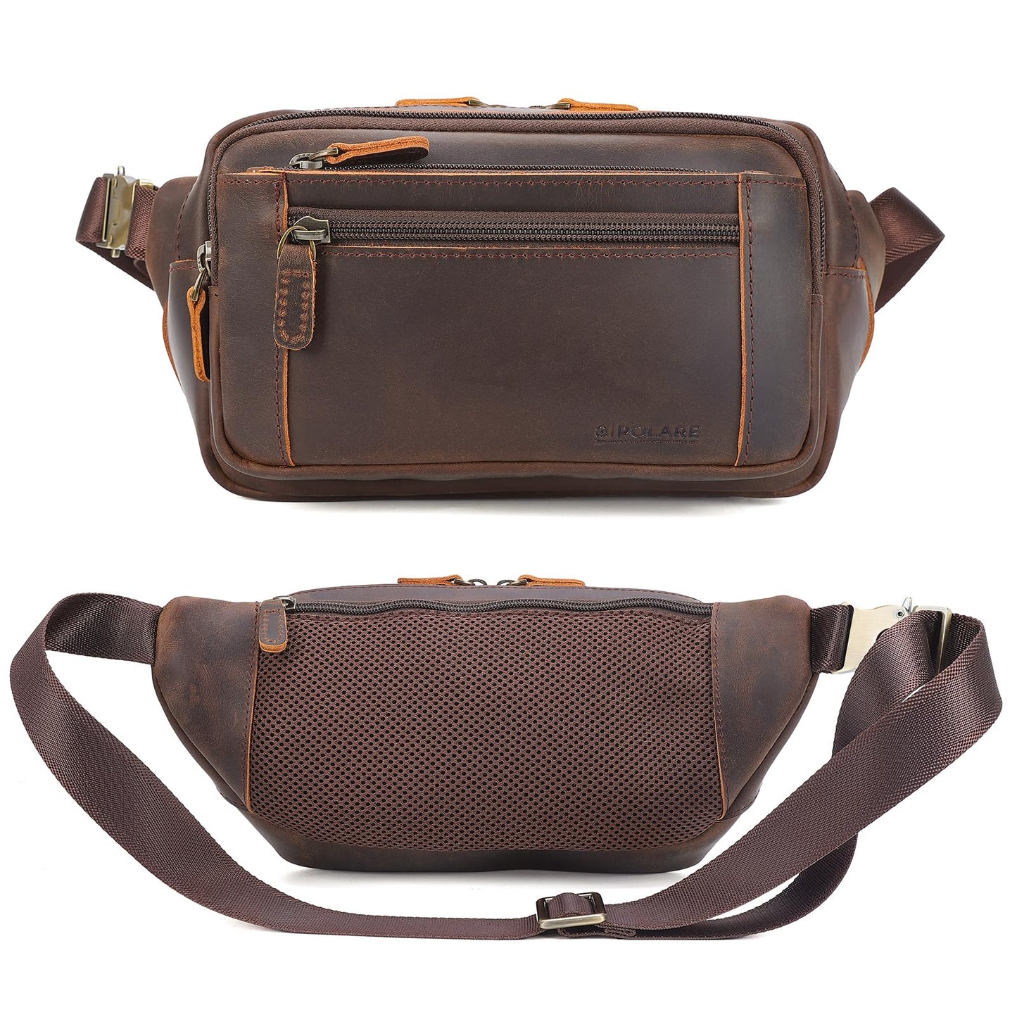 Polare Full Grain Leather Fanny Pack/Waist Belt Bag for Men and Women Large Capacity Crossbody Organizer For Travel Outdoor Sports Hiking Cycling Running