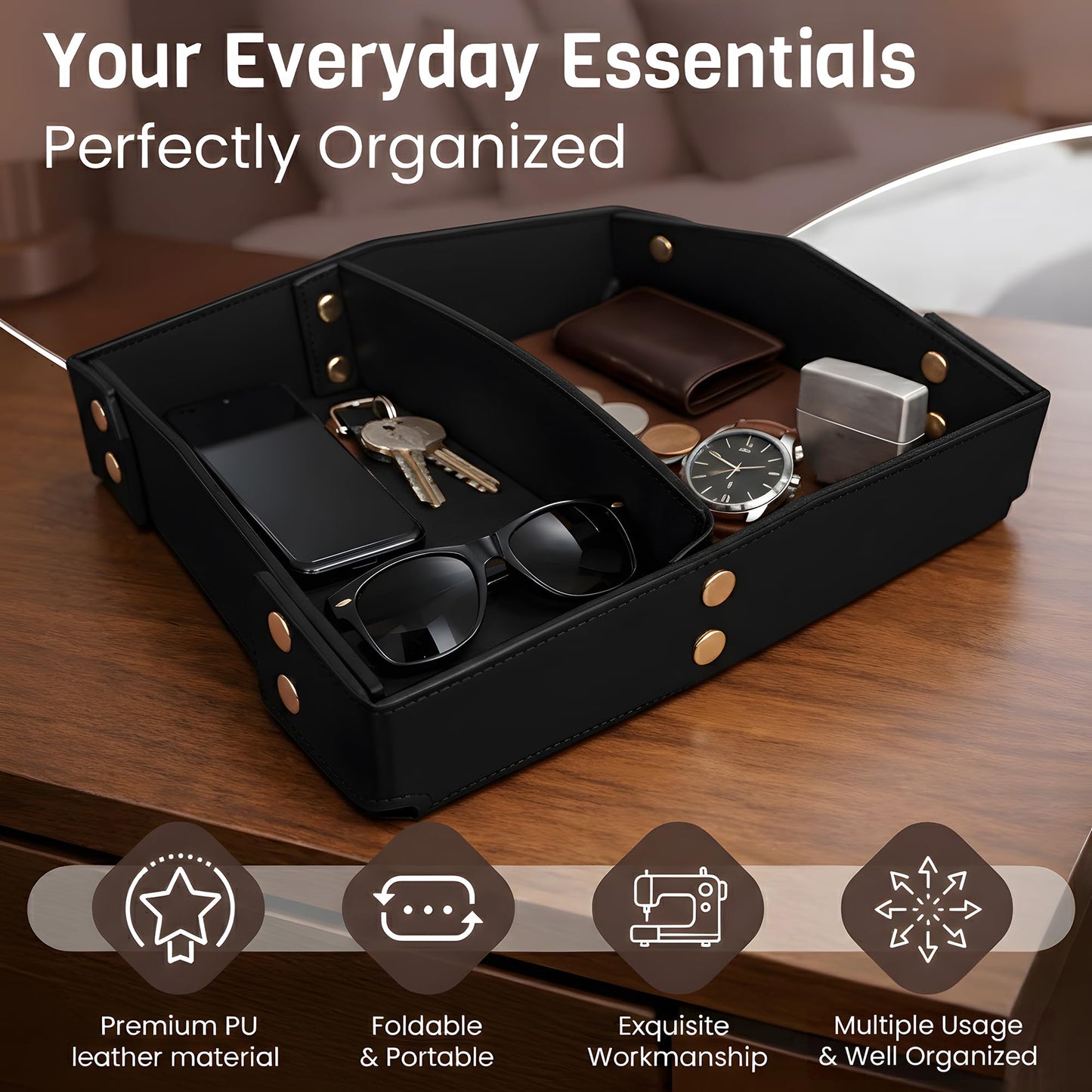 CAVIANA Valet Tray Organizer for Men & Women - PU Leather Catch All Tray with Removable Divider - EDC Storage for Keys, Watch, Phone - Nightstand, Dresser & Desk Organizer - Obsidian Black