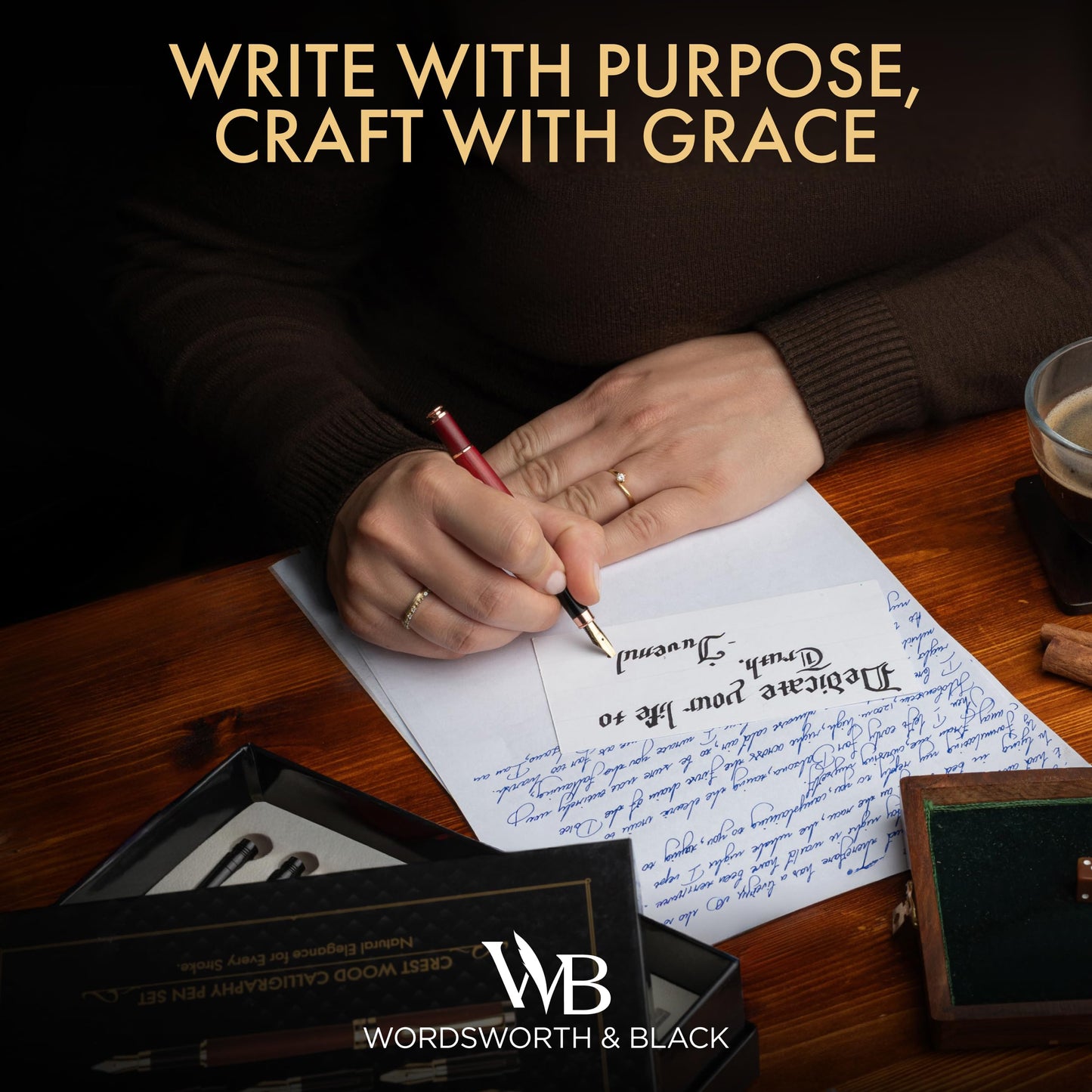 Wordsworth & Black Calligraphy Pen Gift Set, Includes Ink Bottle, 6 Ink Cartridges, Refill Converter, 6 Replacement Nibs, Luxury Bamboo, Journaling, Smooth Writing Pens [Violet Wood]