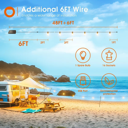 addlon 54FT(48+6) Solar String Lights Outdoor Waterproof with USB Charging & Remote Control - Dimmable Solar Power Patio Lights with LED Bulbs for Porch, Garden, Yard, Market, Bistro - Last for 20+Hrs