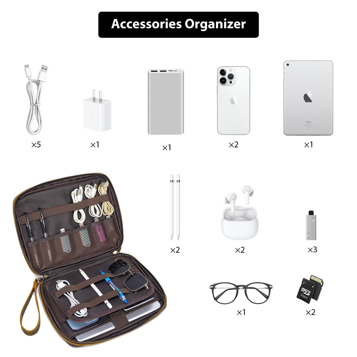LANNSYNE Full Grain Leather Electronic Organizer Accessory Travel Tech Pouch, Cable Accessories Bag, Storage Carry Case for Charger, Phone, Power Bank, Cables
