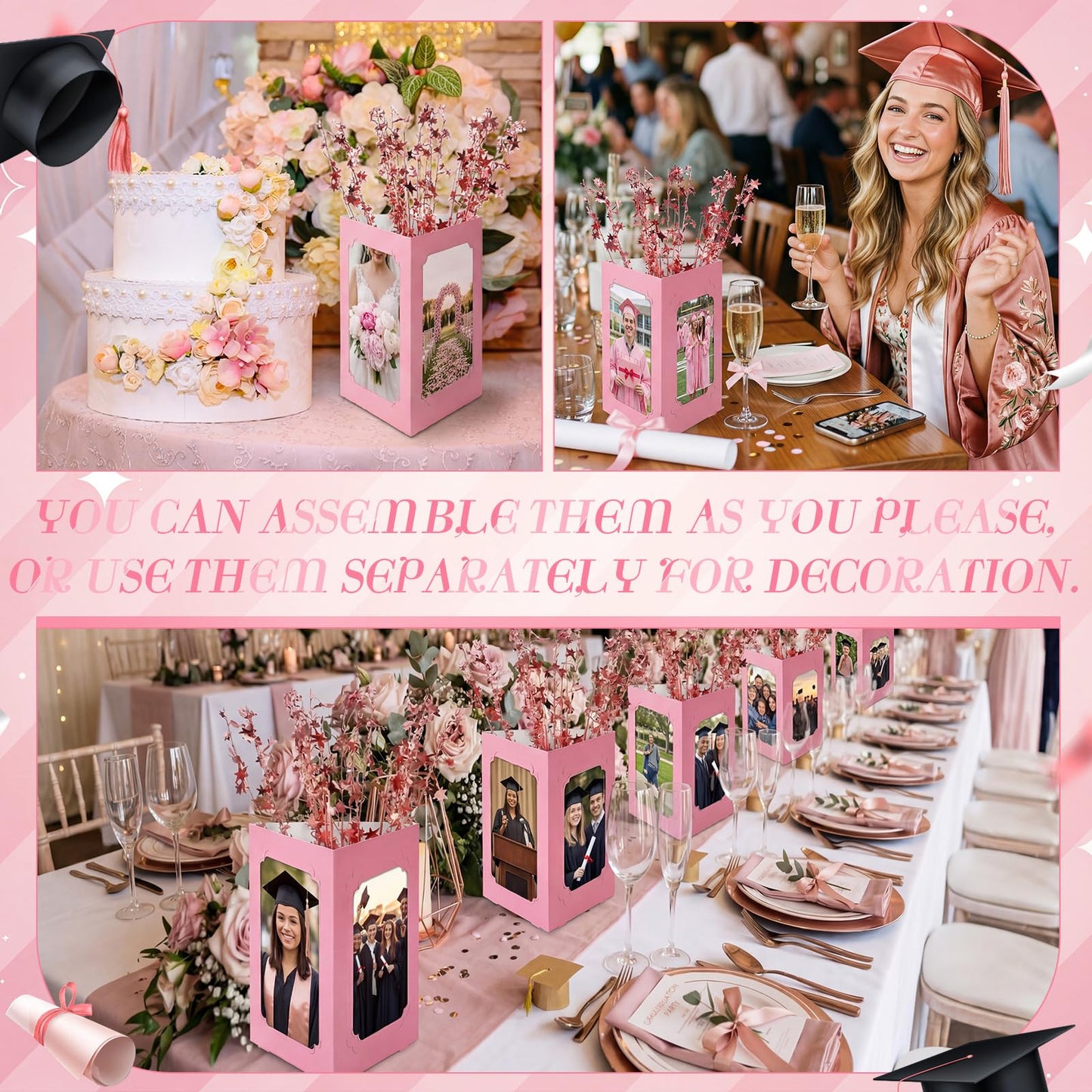 Yinder 16 Pcs 2026 Graduation Centerpieces Decoration Rose Gold and Pink 6/7 Inch Photo Display Frames Box Glitter Metallic Foil Spray Star Tabletop Decor for Class of 2026 Grad Party Decorations