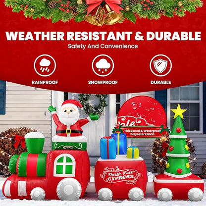 11 FT Deluxe Christmas Inflatables Train with Santa Claus, Gift Box, Christmas Tress, Built-in LED Lights, Blow Up Lovely Train Carriage for Christmas Party Holiday, Outdoor Garden Lawn Yard Decor