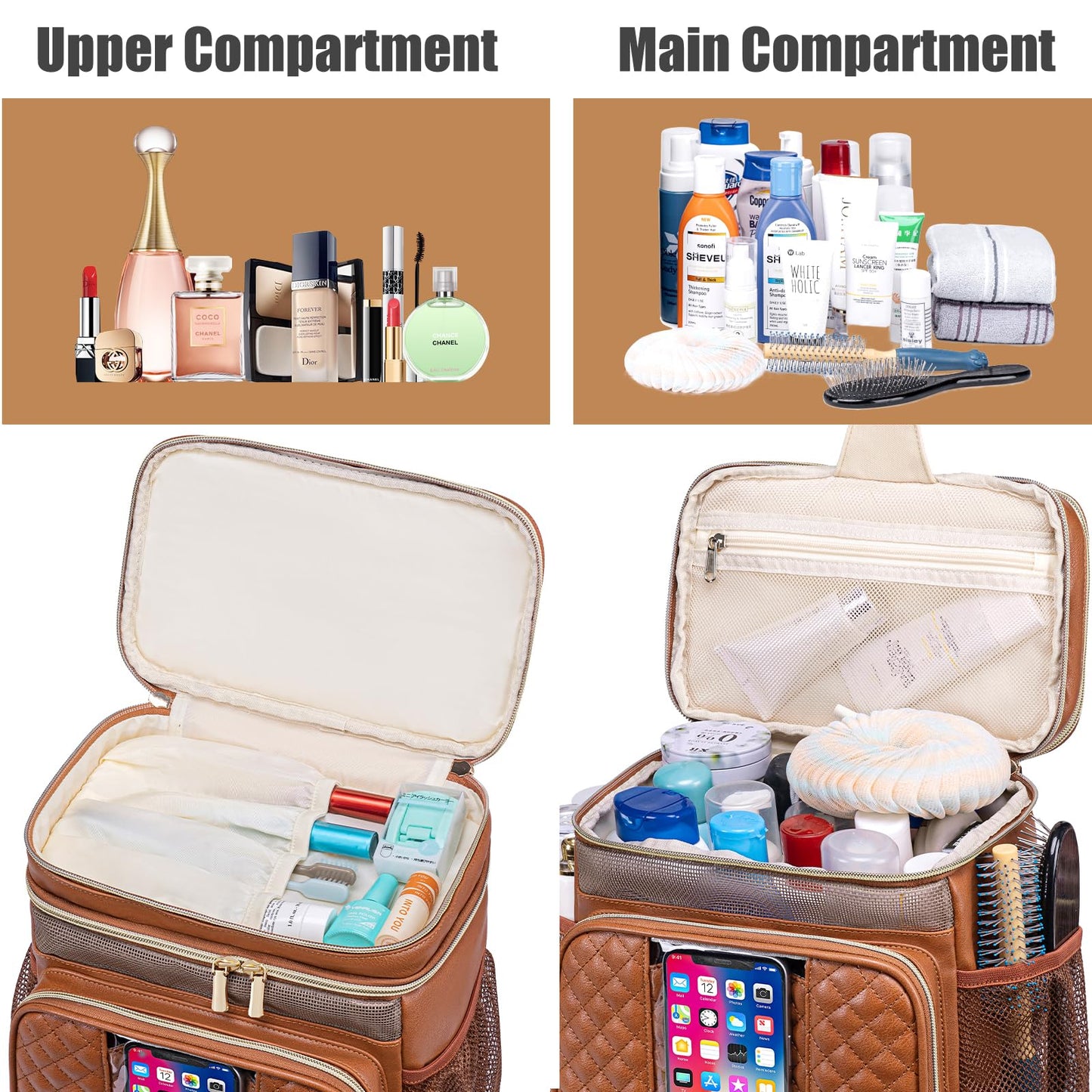 Large Leather Toiletry Bag for Women Men,Bathroom Bag,Water Resistant Shower Bag,Makeup Bag,Portable Shower Caddy for College Dorm,Hanging Travel Toiletry Bag with Transparent Waterproof Phone Pocket
