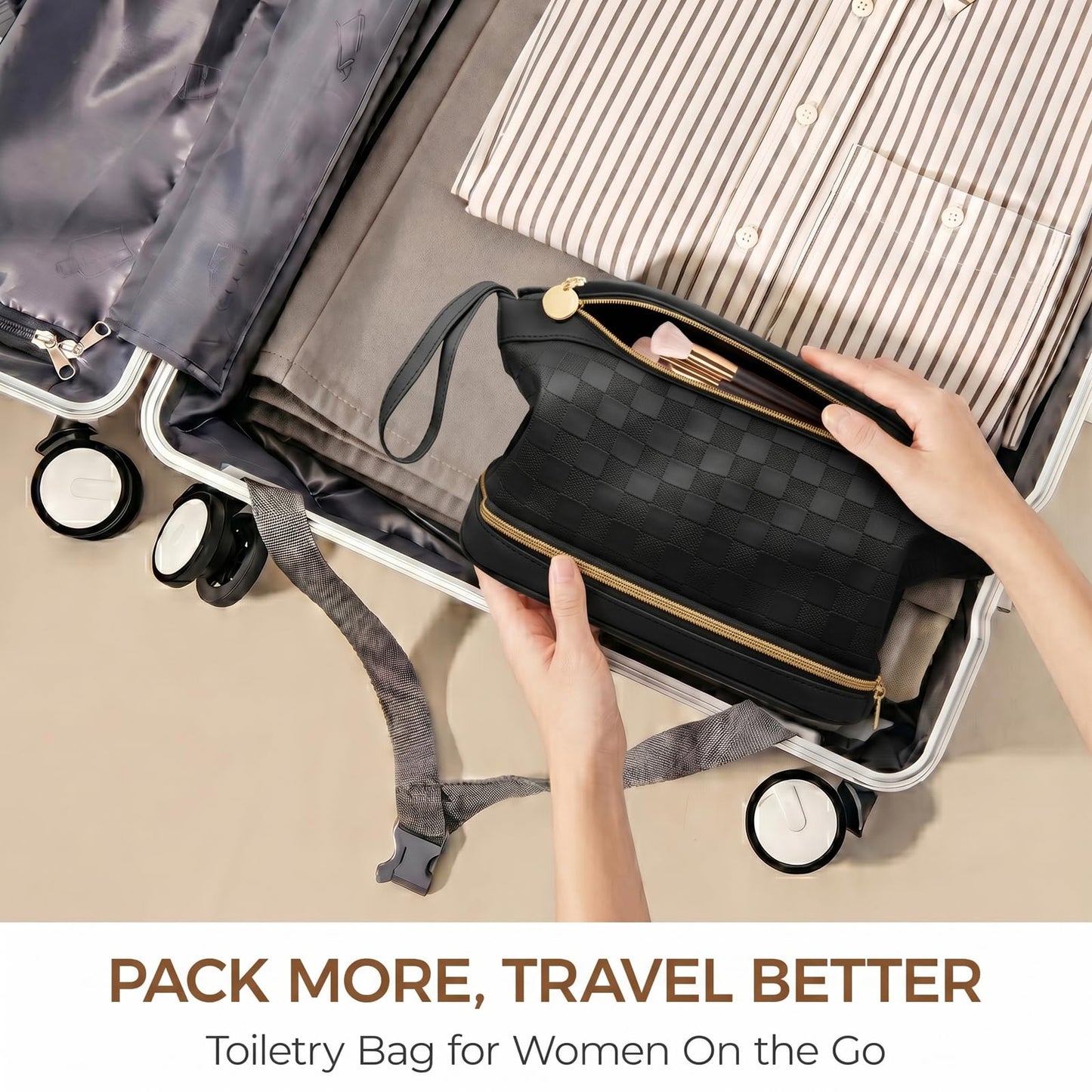 Hairao Large Makeup Bag for Women, Double Layer Travel Makeup Bag with Brush Compartment, Waterproof PU Leather Cosmetic Bag, Checkered Toiletry Bag Makeup Organizer for Skincare & Toiletries, Black