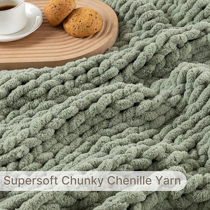 Chunky Knit Blanket Throw, 100% Hand Knit Throw Blanket Handmade Chenille Cable Knit Throw for Couch, Stylish Cozy Soft Rope Knot Crochet Blanket for Home Decor, Sage Green, 40x50 Inches