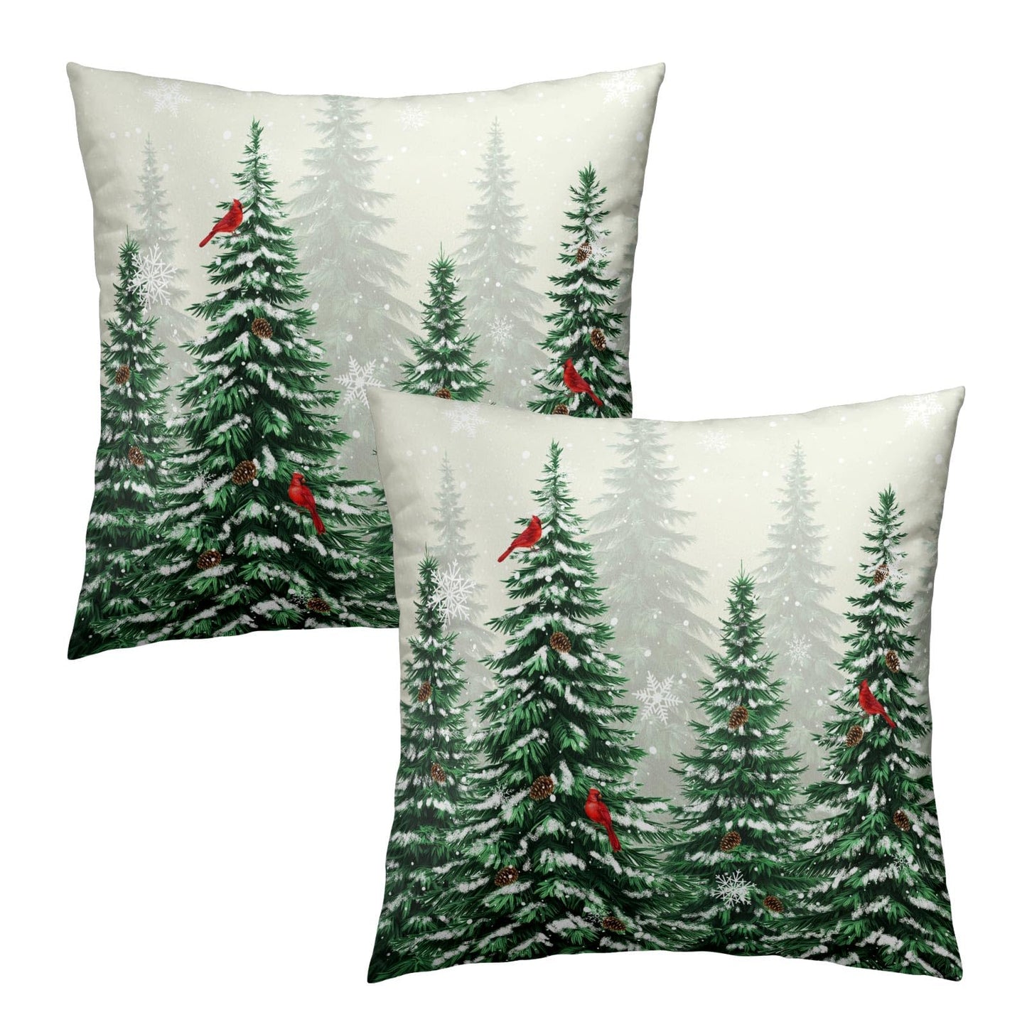 Winter Cardinal Bird Pillow Covers 16x16 Inch,Christmas Pine Tree Throw Pillow Covers Snow Forest Green Trees Cushion Cover Set of 2 Soft Cotton Pillow Cases Square for Home Sofa Living Room Decor