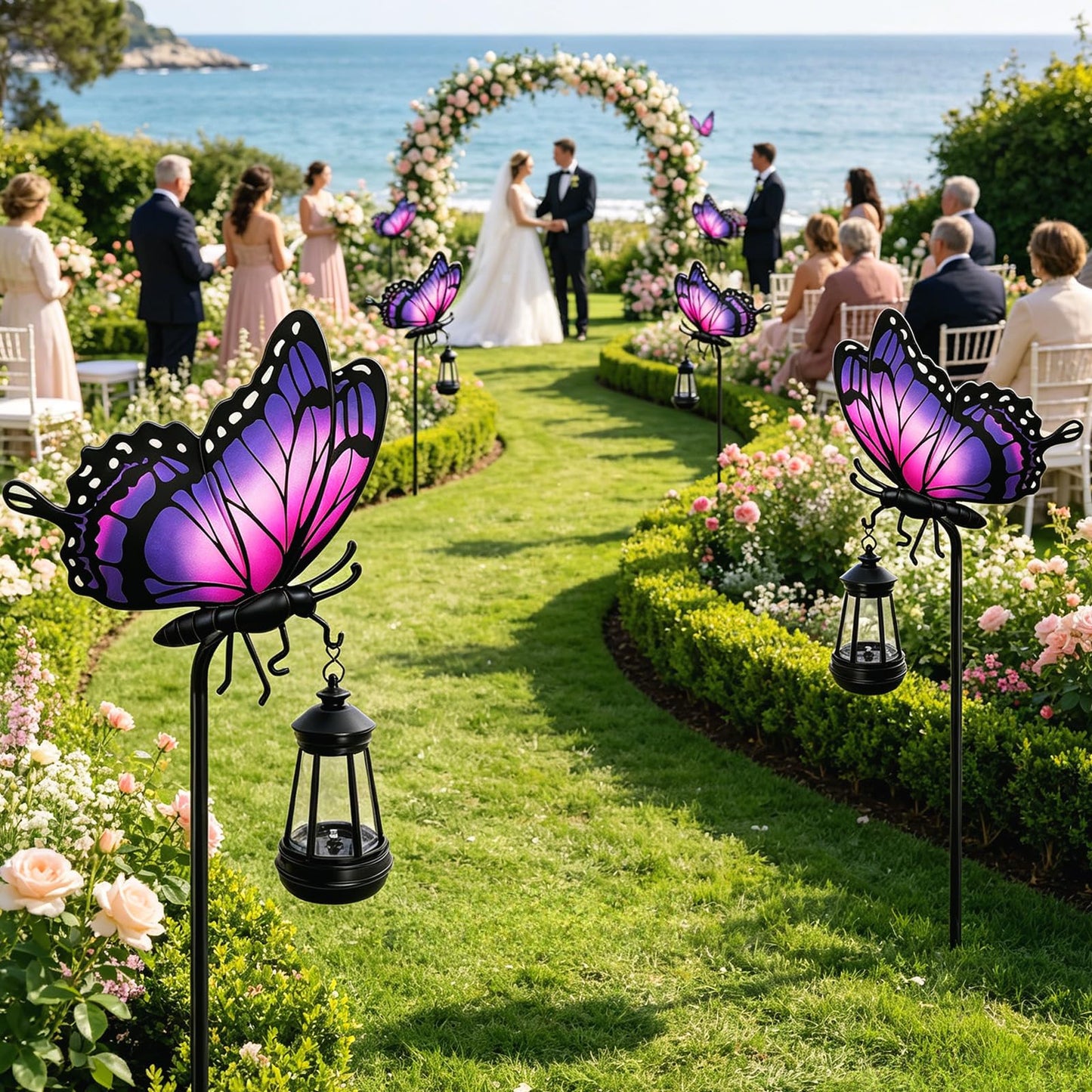 Solar Lights Outdoor Butterfly Garden Decor, 32.9in Purple Butterfly Garden Stakes with Solar Lights, Waterproof Metal Decorative for Yard Art Outside Patio Porch Lawn, Birthday Gifts for Women Mom