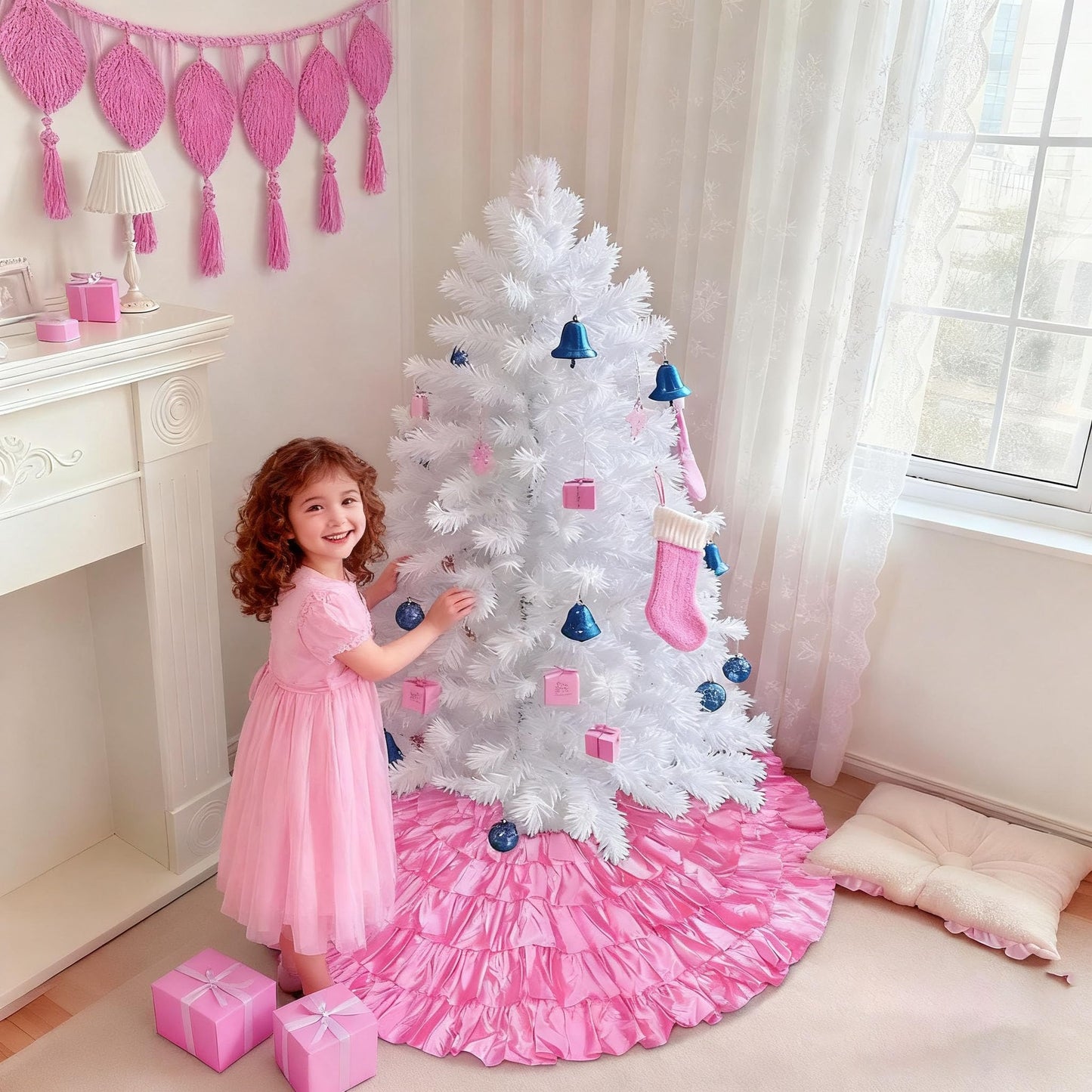 tiosggd Hot Pink Ruffle Tree Skirt, 48 inch 6-Layer Spring Pink Fluffy Tree Skirt, Large Candy Tree Rug for Artificial Trees 6-7.5 FT, Summer Wedding Tree Decorations Ornaments