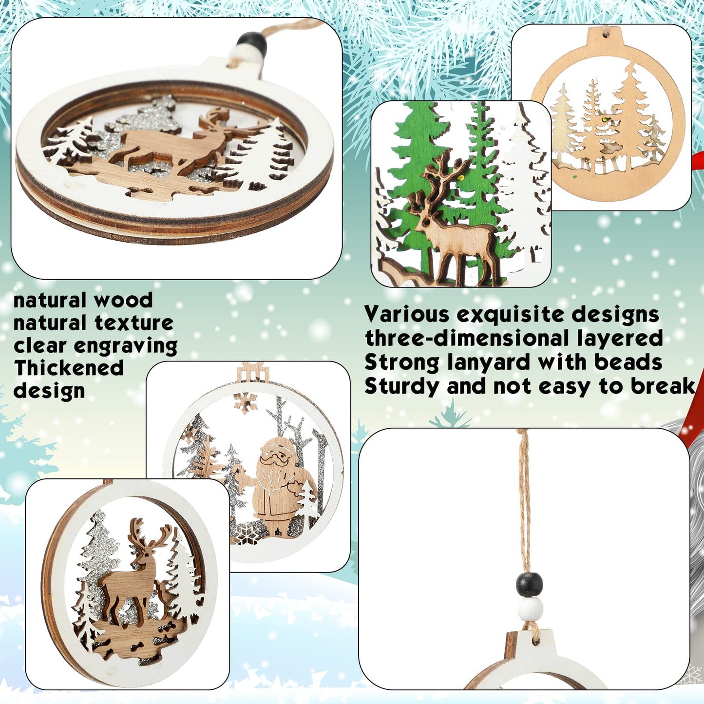 Coume 24 Pcs Christmas Wooden Ornaments Christmas Tree Ornaments Hollow Winter Wood Craved Hanging Craft Decorations Farmhouse Rustic 3D Glitter Reindeer Santa Snowman, 12 Designs