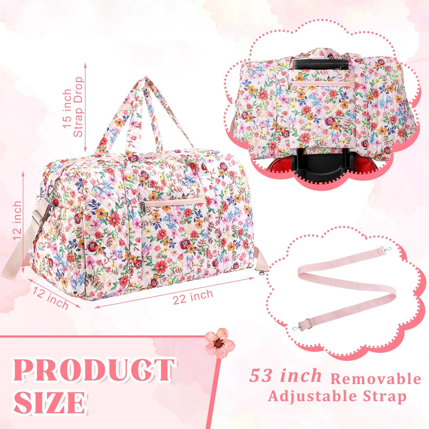 Dansydaisy Large Quilted Travel Duffle Bag for Women Floral Portable Gym Weekender Bag with Zipper Pockets Workout Grocery Pouch Duffle Gift Pouch for Work(Pink Floral)