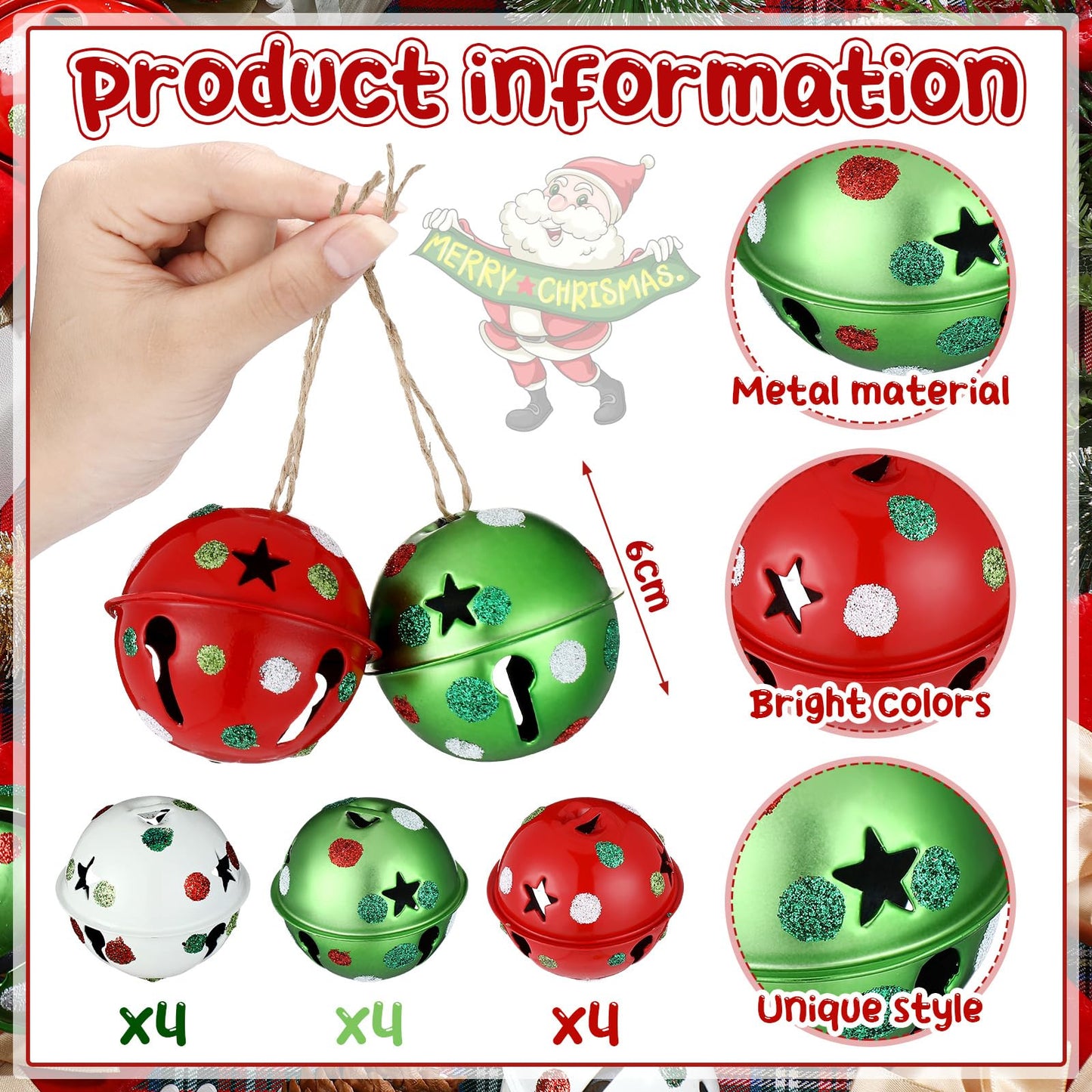 12 Pcs Large Christmas Jingle Bells with Ribbon 2.4 Inch Metal Cutout Craft Bells Lime Green Glitter Dot Red Green Christmas Tree Ornaments Xmas Hanging Decor for Holiday Wreath Garland DIY Decor