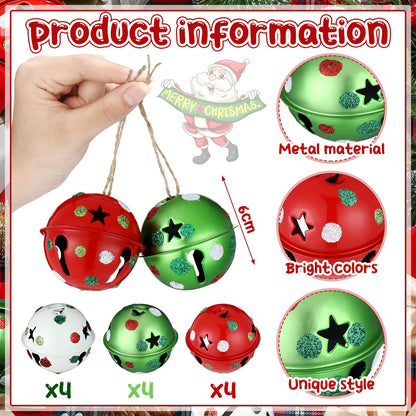 12 Pcs Large Christmas Jingle Bells with Ribbon 2.4 Inch Metal Cutout Craft Bells Lime Green Glitter Dot Red Green Christmas Tree Ornaments Xmas Hanging Decor for Holiday Wreath Garland DIY Decor