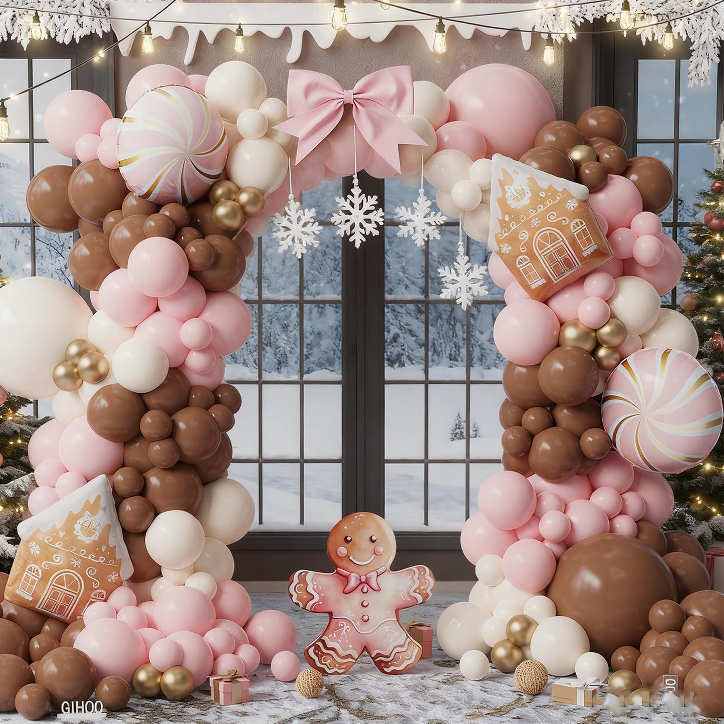Gingerbread Balloon Arch Kit 147pcs Pink Brown Christmas Balloon Garland with Candy and Gingerbread House Mylar Balloon for Christmas Gingerbread House Candy Holiday Birthday Party Decorations