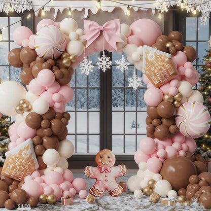 Gingerbread Balloon Arch Kit 147pcs Pink Brown Christmas Balloon Garland with Candy and Gingerbread House Mylar Balloon for Christmas Gingerbread House Candy Holiday Birthday Party Decorations