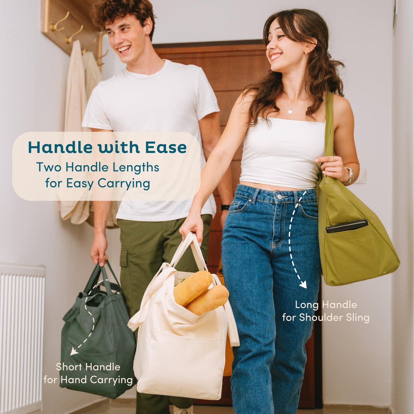 Nook Theory 3-Pack Reusable Grocery Bags - Heavy Duty, Large 12 Oz Cotton Canvas Reusable Shopping Bags With Pockets, 100% Cotton Cloth Grocery Totes, Foldable Multi Compartment (Ocean)