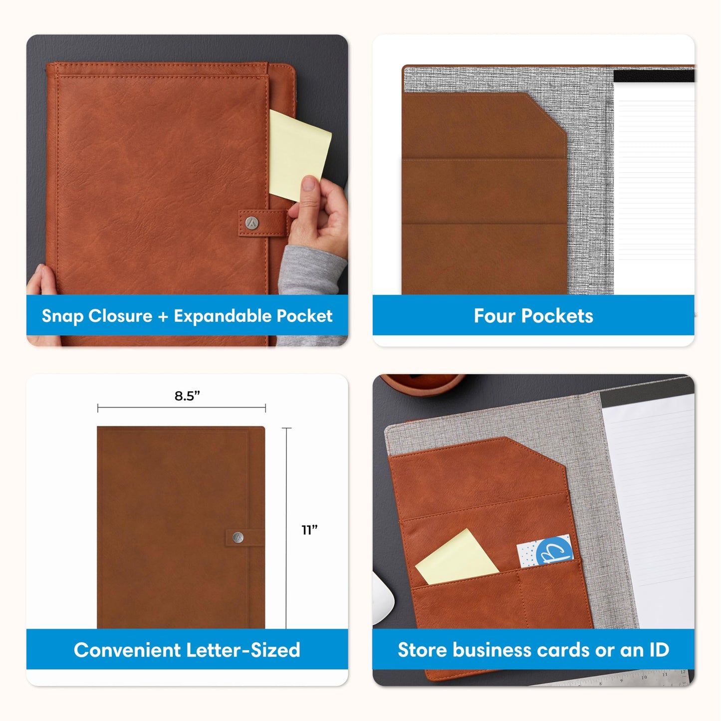Blue Sky ASMBLD Faux Leather Padfolio, 12.13" x 9.45", Letter Size, Undated, Professional Portfolio with Notepad, Business Organizer for Meetings and Office, Tan