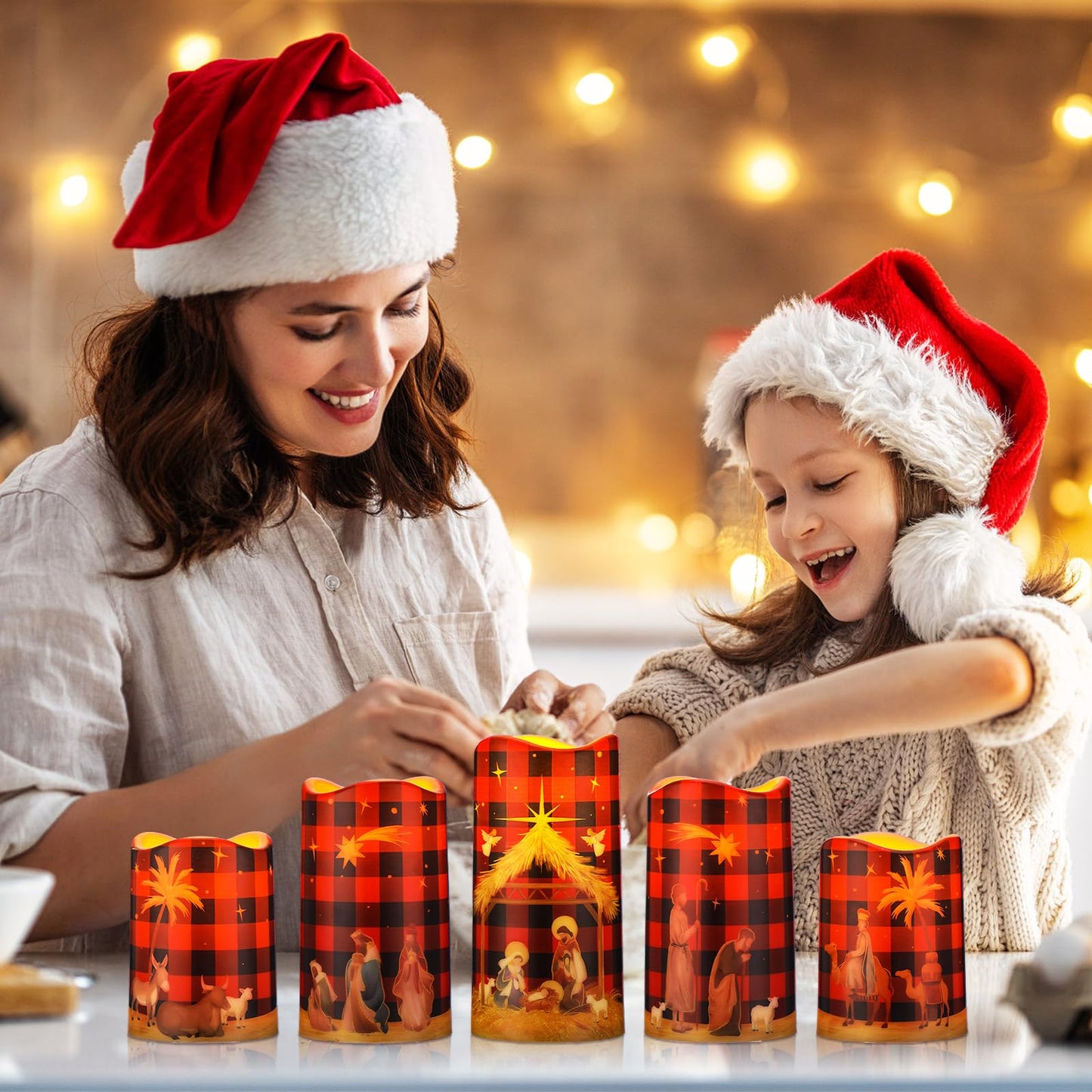 Glooglitter 5 Pcs Buffalo Plaid Nativity Scene Candles Flameless Christmas LED Pillar Jesus Religion Candles Battery Operated with Timer Remote for Xmas Christian Holiday Table Home Decor Church Party