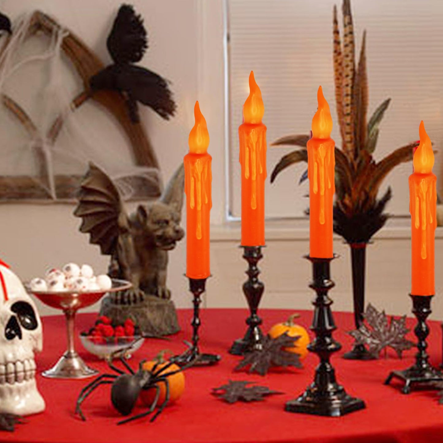 FCMSHAMD Orange Flameless Short Taper Candles, Real Wax Hand Dipped LED Battery Operated with Remote, Flickering Flame Lights for Festival Party Home Décor, 6.7 Inch Primitive Flameless Candles, 4PCS