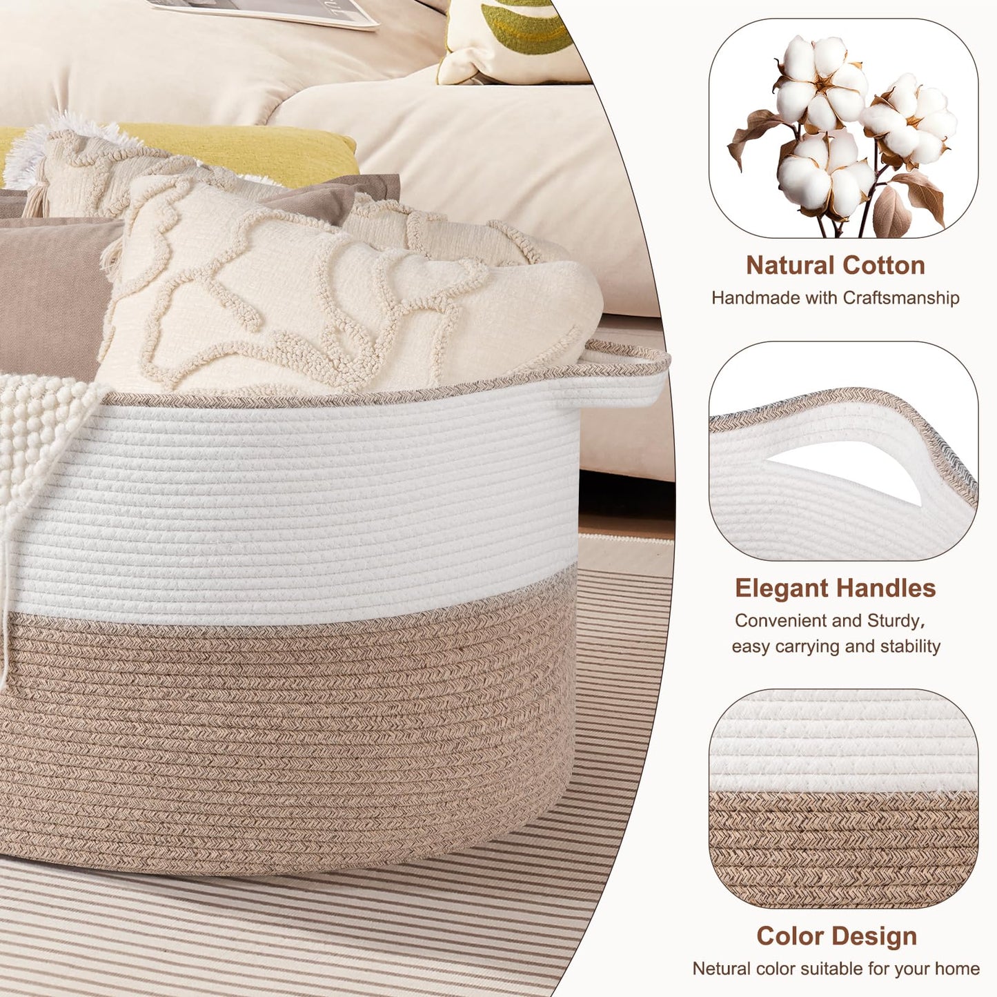 OIASKET XXL Large Blanket Basket with Handles, 105L Woven Storage Basket for Living Room, Cotton Rope Baby Toy Storage for Clothes, Pillows, Towels-Brown & White