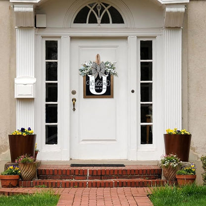 Ultra Large 14'' Last Name All Year Round Front Door Wreath with 26 Initial Letter Welcome Sign All Seasons Eucalyptus Garland and Bow Wreaths for Front Door Porch Farmhouse Decoration (U)