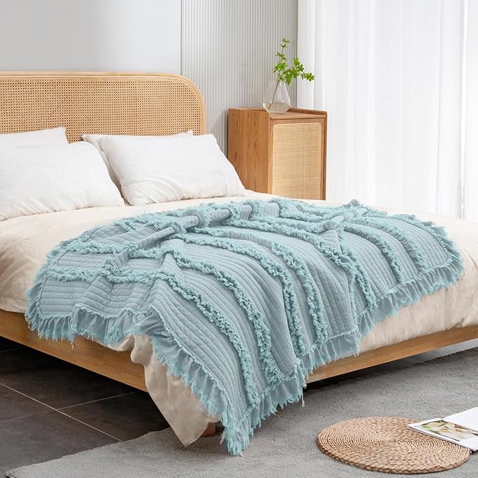 Ultra Soft Pre-Washed Quilted Boho Blue Green Twin Size Blankets for Bed, Ruffle Fringed Decorative Throw, Stone Washed Chic Rustic Blanket for Sofa Couch Bed, 60"*80"
