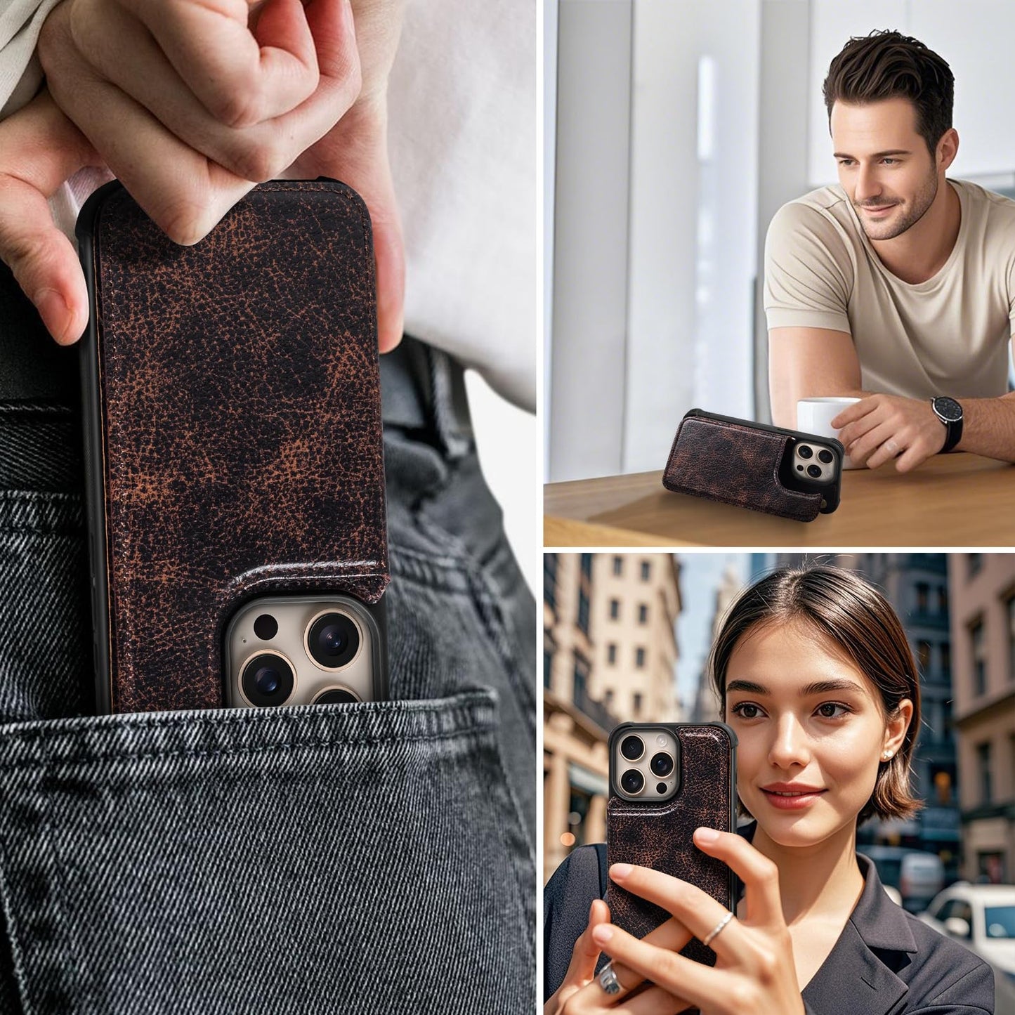 RMAWRAD Wallet Real Leather Case Compatible with iPhone 15 Pro Max 6.7",Genuine Leather，Shockproof, Anti-Fall Case, Flip Cover, with Card Slot, Double Magnetic Buckle, Kickstand, Coffee