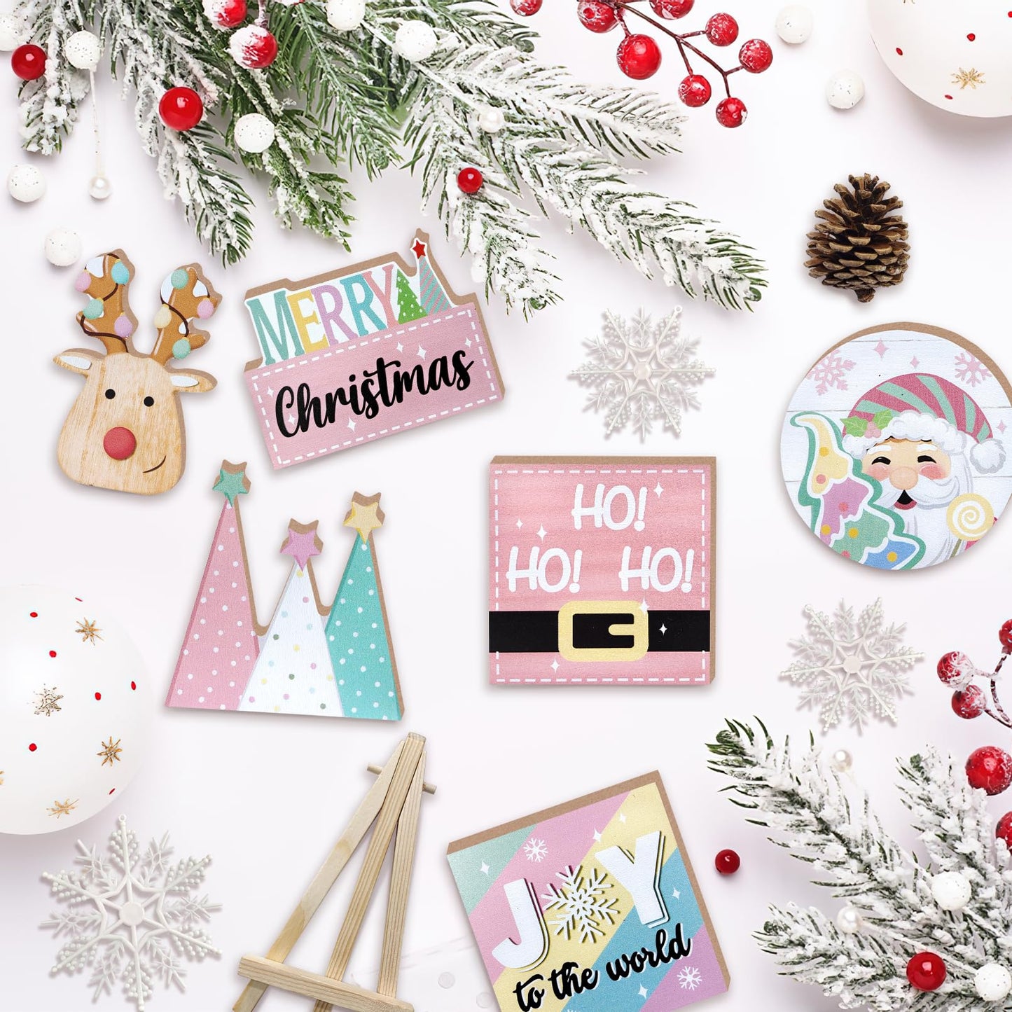 Uruney Merry Christmas Tiered Tray Decor, Pink Xmas Tree Santa Deer Tray Decorations, Hohoho Joy to The World Snowflake Wooden Signs, Holiday Rustic Farmhouse Home Decor for Table Shelf Mantel Party