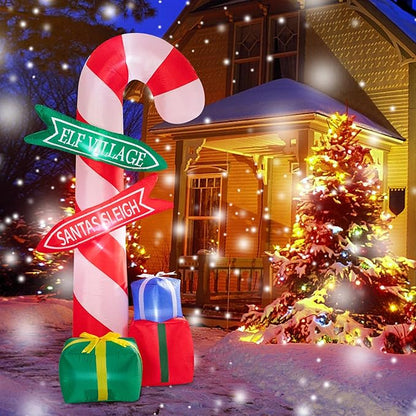MUMTOP 9 Ft Tall Christmas Inflatables Outdoor Decorations, Inflatables Candy Cane with Road Sign Blow up Merry Christmas Bag Yard Decoration Built-in LED Lights for Outdoor Party Holiday Decor