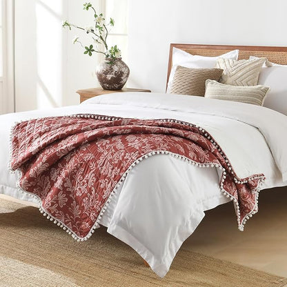 Ultra Soft Pre-Washed Quilted Throw Blanket, Floral Printed Pompom Fringed Dark Terracotta Decorative Throws, Chic Rustic Blanket for Sofa Couch Bed Chair, 50"x 60"