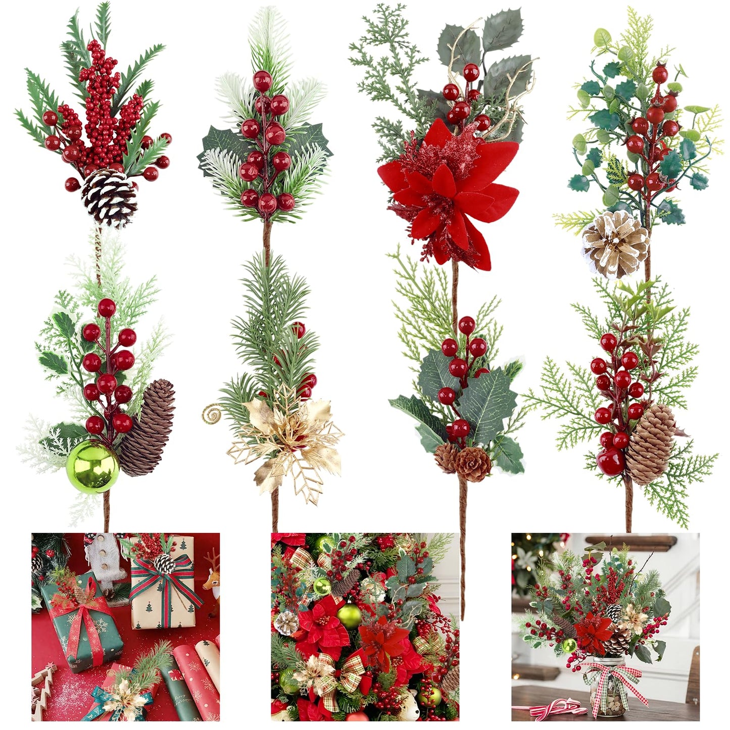Morofme 8pcs Pines Cones Red Berry Stems Picks Christmas Pinecones Berry Faux Red Holly Berry Pine Cones Christmas Picks and Sprays Picks Artificial Pine Branches Holly Stem for Holiday Wreath Garland