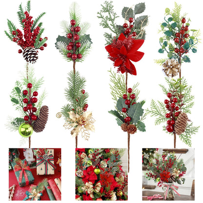 Morofme 8pcs Pines Cones Red Berry Stems Picks Christmas Pinecones Berry Faux Red Holly Berry Pine Cones Christmas Picks and Sprays Picks Artificial Pine Branches Holly Stem for Holiday Wreath Garland