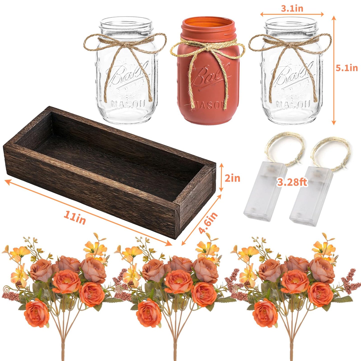 Infinideck Mason Jar Table Centerpiece Decor with Lights, Wood Tray & 3 Artificial Flowers - Farmhouse Table Decor for Dining Room, Living Room, Kitchen, Coffee Table