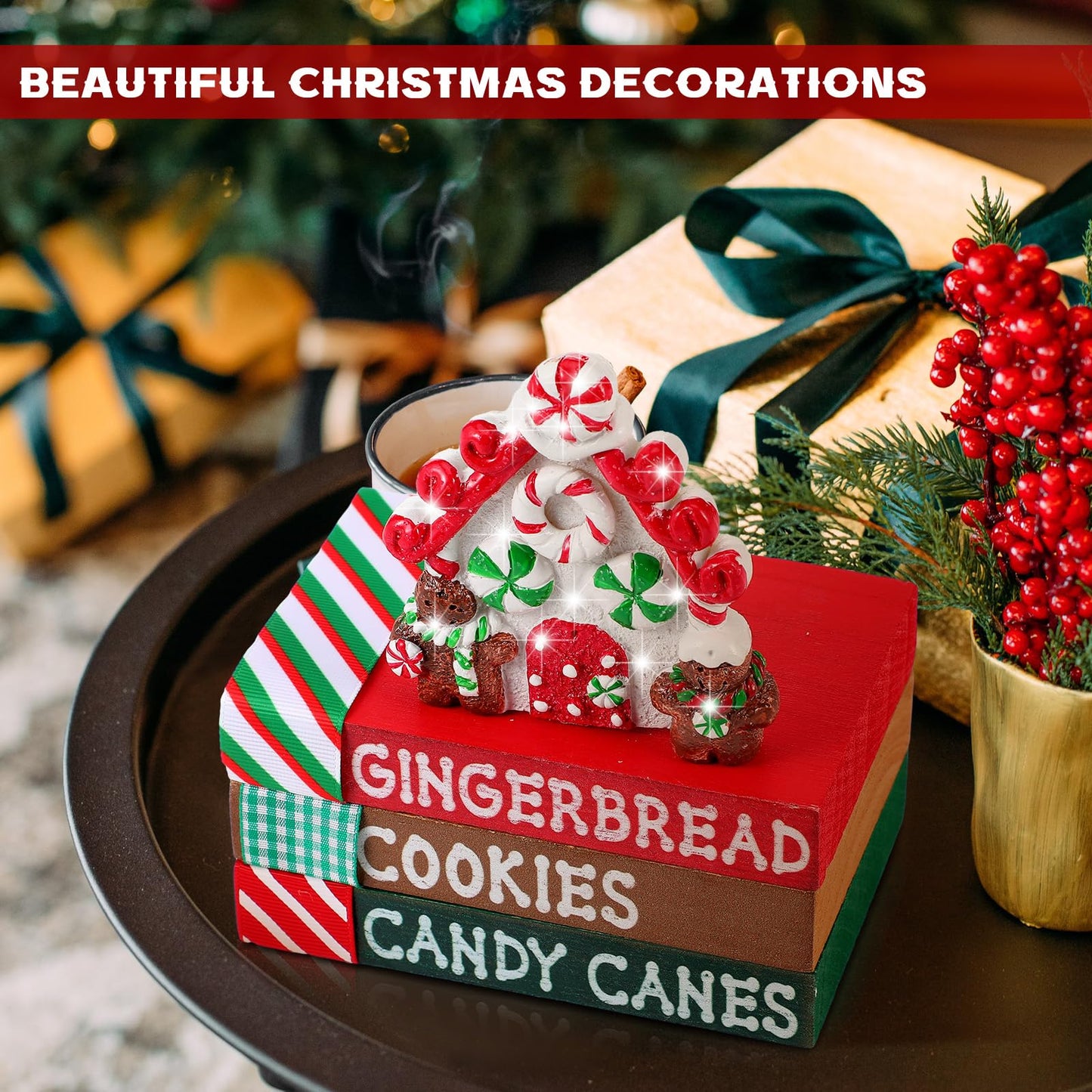 Bucherry Christmas Table Decoration Resin Gingerbread House Tiered Tray Decor Wood Rustic Gingerbread Block Signs Ribbon Book Stacks Christmas Centerpiece Decorative Tray for Farmhouse Home Shelf Gift