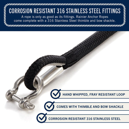 RainierSupplyCo Boat Anchor Rope - Double Braided Marine Rope Anchor Line - 150 ft x 3/8 Inch Nylon Boating Line with 316 Stainless Steel Thimble and Heavy Duty Marine Grade Bow Shackle - Black