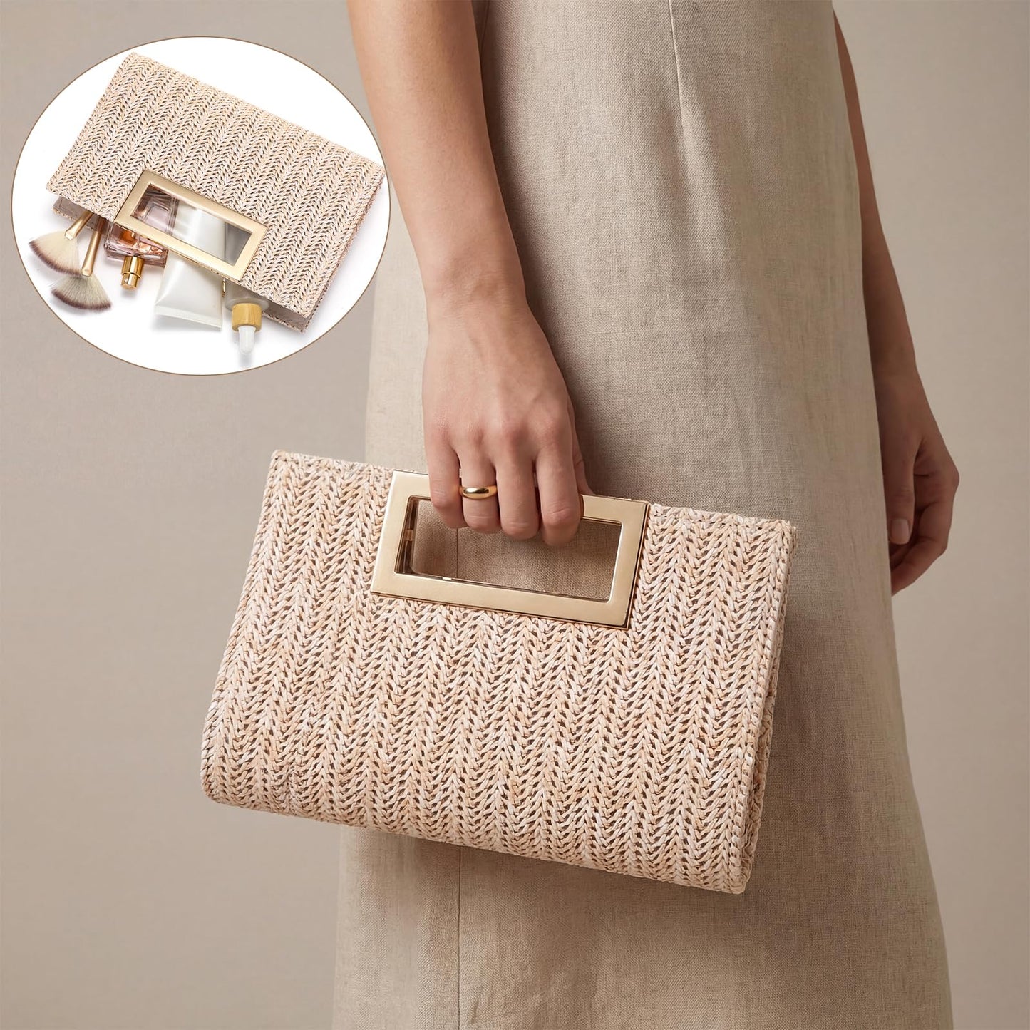 Gilprop Woven Clutch Purse for Women, Envelope Evening Bag Boho Crossbody Handbag for Summer Beach and Wedding Guest (Beige)