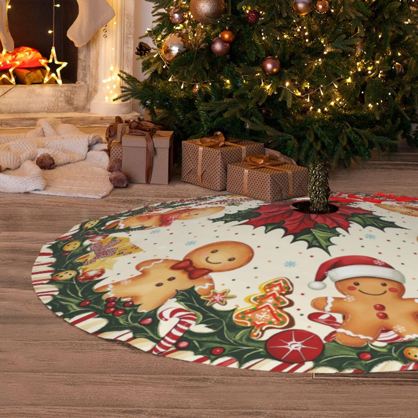 Gingerbread Man Christmas Tree Skirt 36 Inch Xmas Tree Mat Party Decor Supplies for Holiday Home Decorations